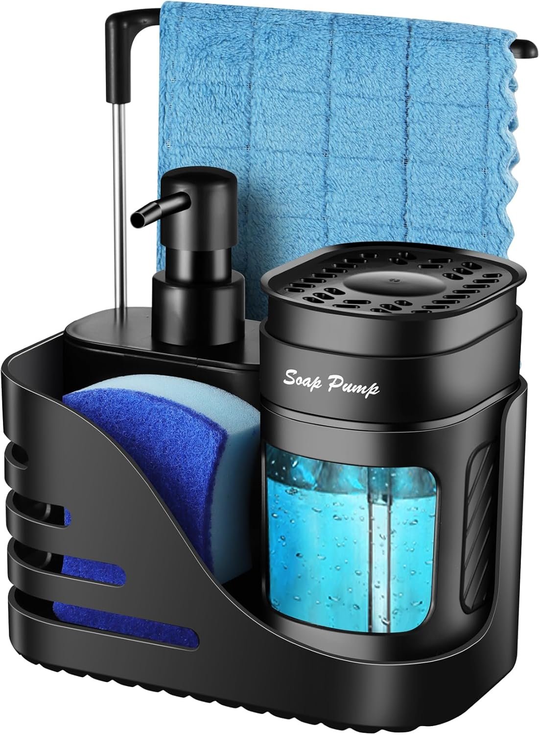 Kitchen Soap Dispenser Set, 4-in-1 Dual Hand and Dish Soap Dispenser with Sponge Holder and Dishcloth Holder for Kitchen Sink (Black)