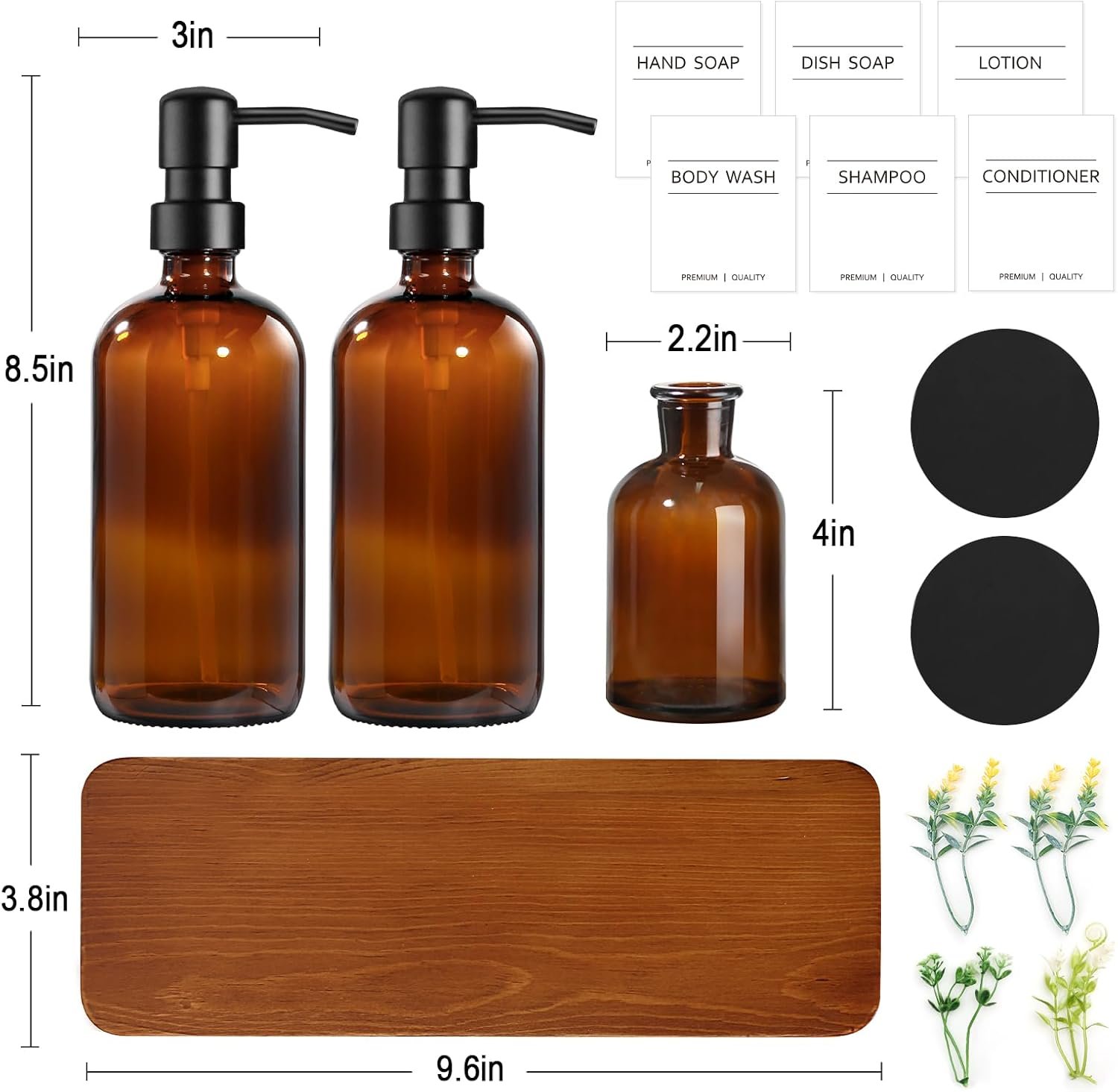 Kitchen Soap Dispenser Set with Wood Riser Tray, Amber Glass Soap Dispenser with Stainless Steel Pump, Hand and Dish Soap Dispenser Set for Kitchen, Soap and Lotion Dispenser Bathroom Decor(Amber) - Image 2