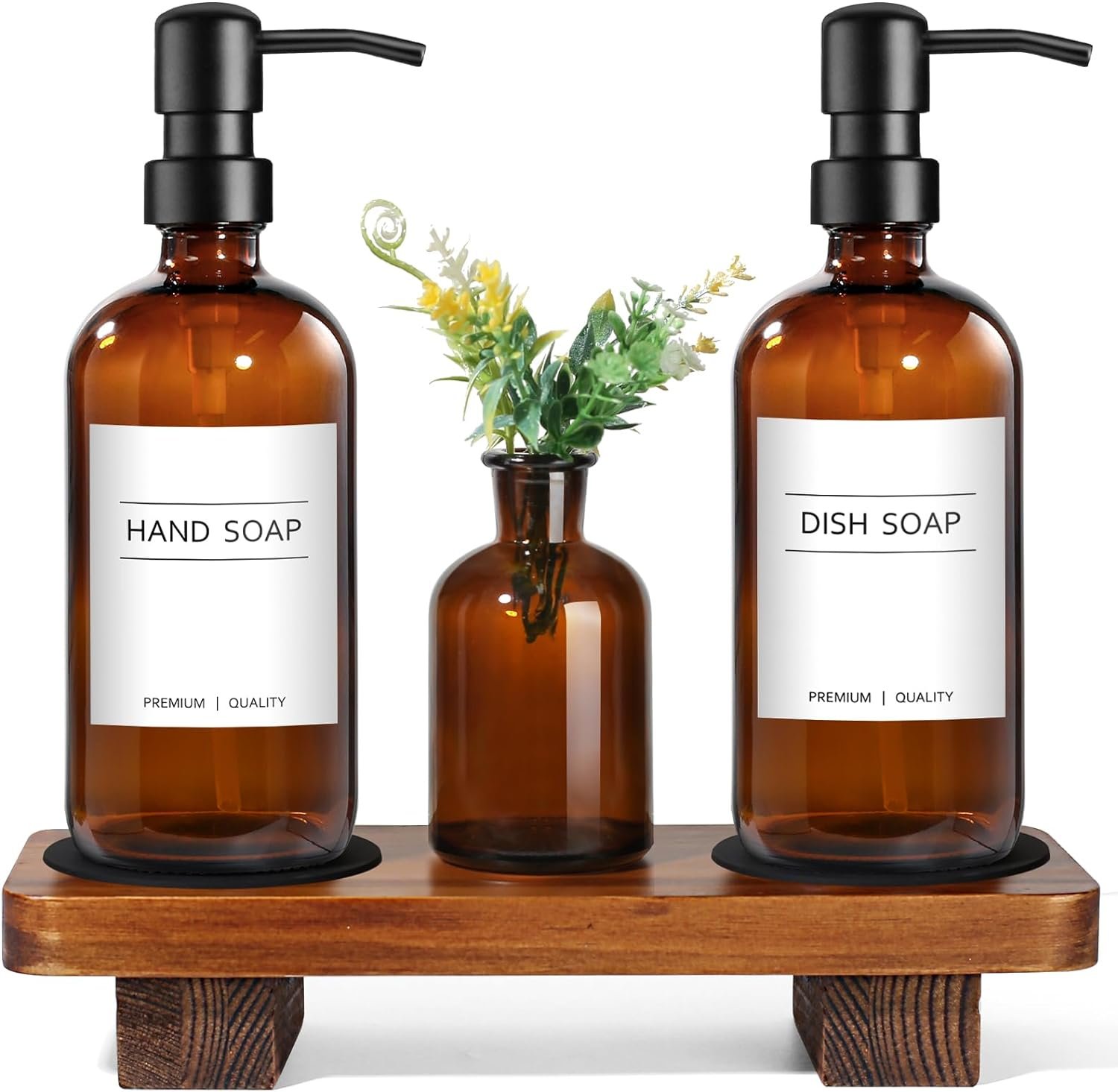 Kitchen Soap Dispenser Set with Wood Riser Tray, Amber Glass Soap Dispenser with Stainless Steel Pump, Hand and Dish Soap Dispenser Set for Kitchen, Soap and Lotion Dispenser Bathroom Decor(Amber)