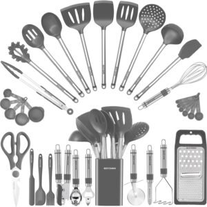 Kitchen Utensil Set-Silicone Cooking Utensils-33 Kitchen Gadgets & Spoons for Nonstick Cookware-Silicone and Stainless Steel Spatula Set-Best Kitchen Tools, Useful Pots (Grey)