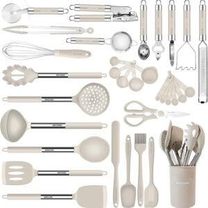 Kitchen Utensils Set-Silicone Cooking Utensils-33pcs Non-Stick Silicone Cooking Kitchen Utensils Spatula Set with Holder-Best Kitchen Cookware with Stainless Steel Handle (Khaki)