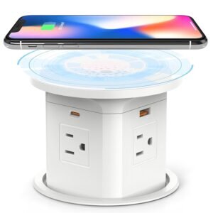 Kungfuking Pop Up Outlet for Countertop Kitchen, 65W USB C Wireless Counter Top Electrical Power Outlet, 15A/1875W Receptacle Charging Station Recessed Popup Plugs for Island Conference Table Office