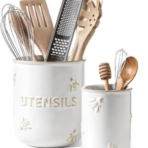 LE TAUCI Utensil Holder for Kitchen Counter - 6.9"+5.3" Ceramic Kitchen Utensil Holder Set of 2, Large Cooking Utensil Crock & Organizer for Spatula, Spoon - Embossed Kitchen Decor, White,Bee