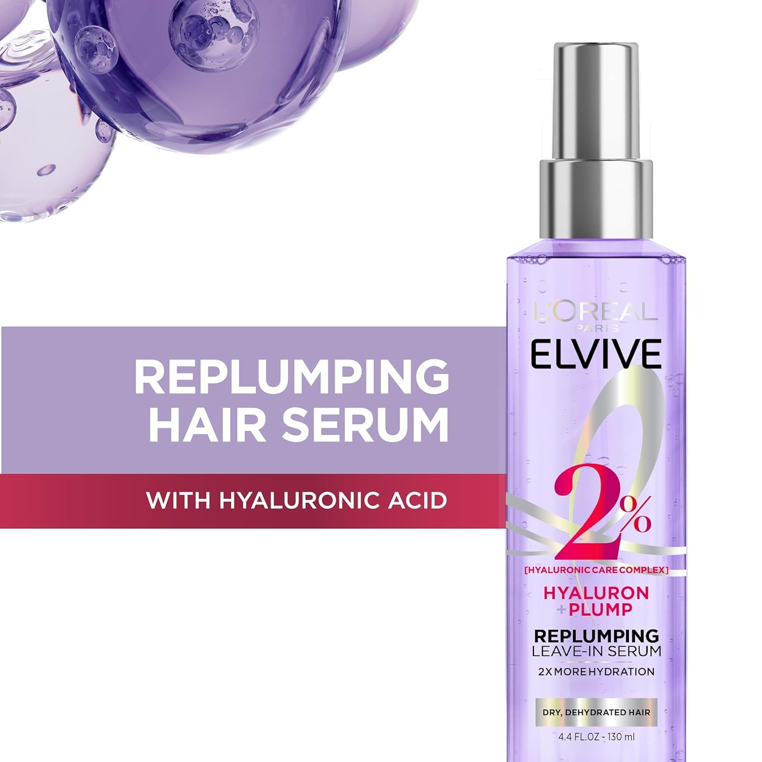 L'Oreal Paris Elvive Hyaluron Plump Moisture Plump Hair Serum for Dehydrated, Dry Hair with Hyaluronic Acid Care Complex, Paraben-Free, 4.4 Fl Oz - Image 2