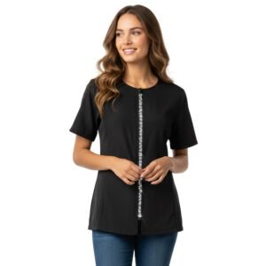 Ladybird Line 460 Groomer's Rhinestone Jacket - Water, Hair and Bleach Resistant, Short Sleeve Dog Grooming and Hair Stylist Smock with Round Neck, 2 Side Pockets & Adjustable Back Tie Belt - M