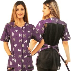 Ladybird Line 710 Purple Poodle Print Waterproof Dog Grooming Smock Hair and Bleach Resistant Covered Zipper Panel Mesh Back