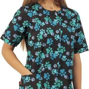 Ladybird Line 714 Blue Paw Print Waterproof Dog Grooming Smock, Hair Bleach Resistant Jacket, Solid Back, Adjustable Tie Belt