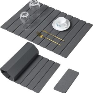 Large Stone Dish Drying Mat for Kitchen Counter, Thin & Light Quick Dry Stone Dishes Mat, Foldable Water Absorbing Diatomite Drying Pad for Kitchen Bathroom Sink Countertop (Pure Gray 24"×16" & 8"x4")