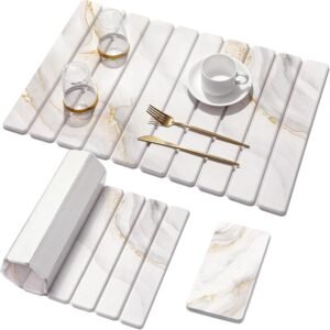 Large Stone Dish Drying Mat for Kitchen Counter,Quick Dry Stone Dishes Mats,Marbled Water Absorbing Diatomaceous Earth Drying Pad for Countertop Bottles Utensils Cups(Yellow White 24"x16"&8"x4")