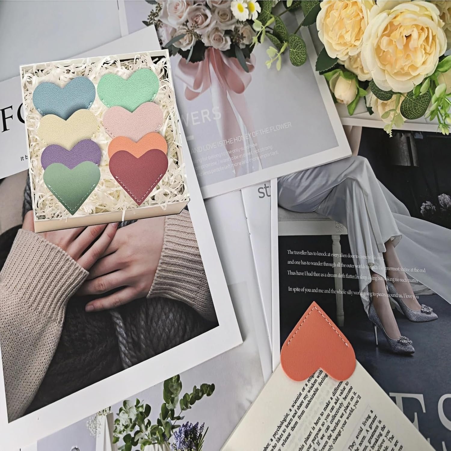 Leather Heart Bookmarks - OOEOO 8 Pieces Cute Corner Page Book Marks Gifts for Reading Women Teachers Students Book Lovers, for School Office Home Supplies(8PC Colors A) - Image 2