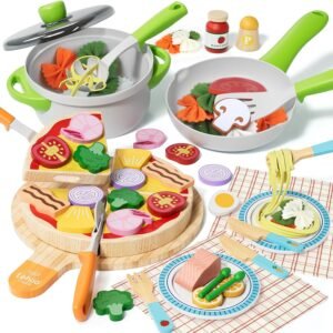 Lehoo Castle Wooden Play Food Sets for Kids Kitchen - Pizza Toy with Pot & Pan, Play Kitchen Accessories, Pretend Cutting Food, Play Dishes & Felt Pasta, Toddler Toys 3-5 Years, Gift for Boys Girls