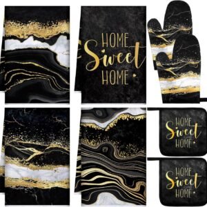 Leinuosen 8 Pcs Black Marble Kitchen Decor Dish Towels and Oven Mitts Sets Pot Holders and Dishcloths Farmhouse Kitchen Accessories Decorative Set for Chef Baking Cooking Daughter Mom Gift