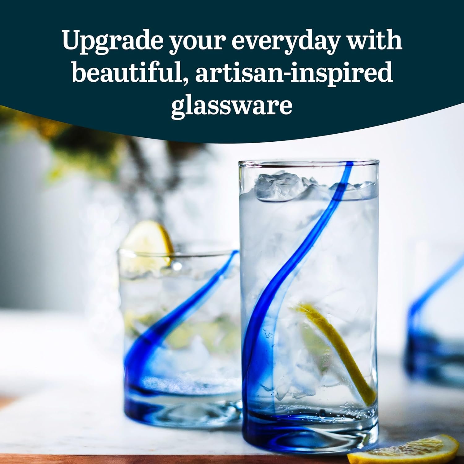 Libbey Blue Ribbon 16 Piece Tumbler and Rocks Glass Set, Infused Blue Ribbon Drinkware Glasses Set, Artisan Inspired Four-Dimple Shaped Rock Glasses, Dishwasher Safe Tumbler Glasses Set - Image 2