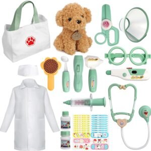Liberry Doctor Kit for Toddlers 3 4 5 6 Years Old, 26 Pcs Kids Doctor Playset with Dog Toy, Stethoscope and Dress Up Costume, Pretend Play Medical Gift for Boys Girls (Green)