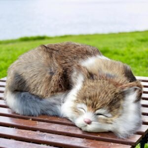 Lifelike Brown and White Sleeping Cat Figurine - Realistic Curled Up Doughnut Pose Fawn Bicolor Kitten Statue, Faux Fur Kitty Home Decor Gift