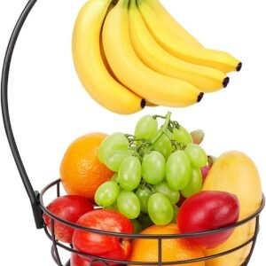 Livabber Countertop Fruit Basket Bowl with Banana Hanger, Modern Standing Fruit Vegetable Bowl Storage, with Banana Tree Holder for Kitchen Dinning Table (Round Wood, Black)