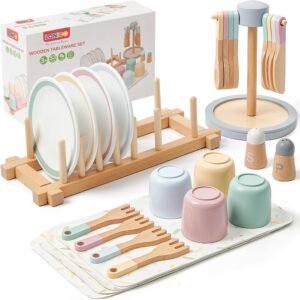 Lonico Wooden Play Kitchen Accessories Toys for Toddlers 3-5, Kids Play Kitchen with Realistic Plates & Dishes & Tableware, Montessori Pretend Christmas Birthday Gifts for 3 4 5 6 Years Girls Boys