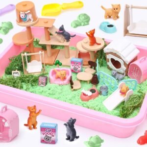 Lorfancy Cat Sandbox Toys Kids Play Sand Kit Toddler Sensory Bin Toy 2.2lbs Sand Pet Cat Figures Care Role Pretend Play Beach Toy Birthday Gift for Girls Boys 3 4 5 6 7 8 Years Old