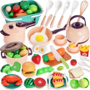 LovesTown 59PCS Play Kitchen Accessories with Basket, Pink Pretend Play Food Set for Kids with Pots Pans Tableware Kitchen Cooking Toys for Toddler Gifts for Boys Girls