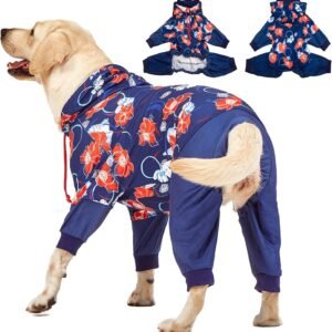 LovinPet Big Dogs Breeds Jammies, Wound Care/Post Surgery clothes, Pet Anxiety Relief for Dogs, Lightweight stretchy, Large Breed Dog Pajamas, Reflective Stripe, Floral Navy & Red Print, Pet Pj's /2XL