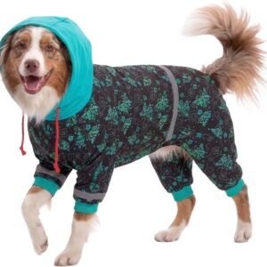 LovinPet Large Breed Dog Onesie Pajamas - UV & Wound Care, Dog Anxiety Relief, Dog Jammies, Reflective Stripe, Butterflies and Rings Black/Green Print, Post Surgery Pet PJ's/Medium