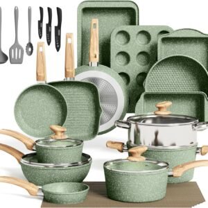 MAISON ARTS 30 Piece Pots and Pans Set Non Stick, Kitchen Cookware & Bakeware Sets with Nonstick Granite Coating, Baking Tray, Frying Pan and Saucepan, Green