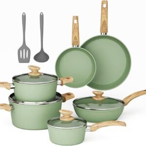 MAISON ARTS Pots and Pans Set Non Stick, 12 Piece Green Granite Kitchen Cookware Induction Compatible, Cooking Sets Pots and Pans Nonstick