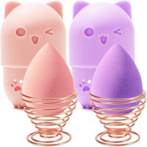 MR LION Makeup Sponge Holder + Makeup Blender Travel Case Beauty Sponge Blender Drying Stand & Storage Containers (Pink&Purple)