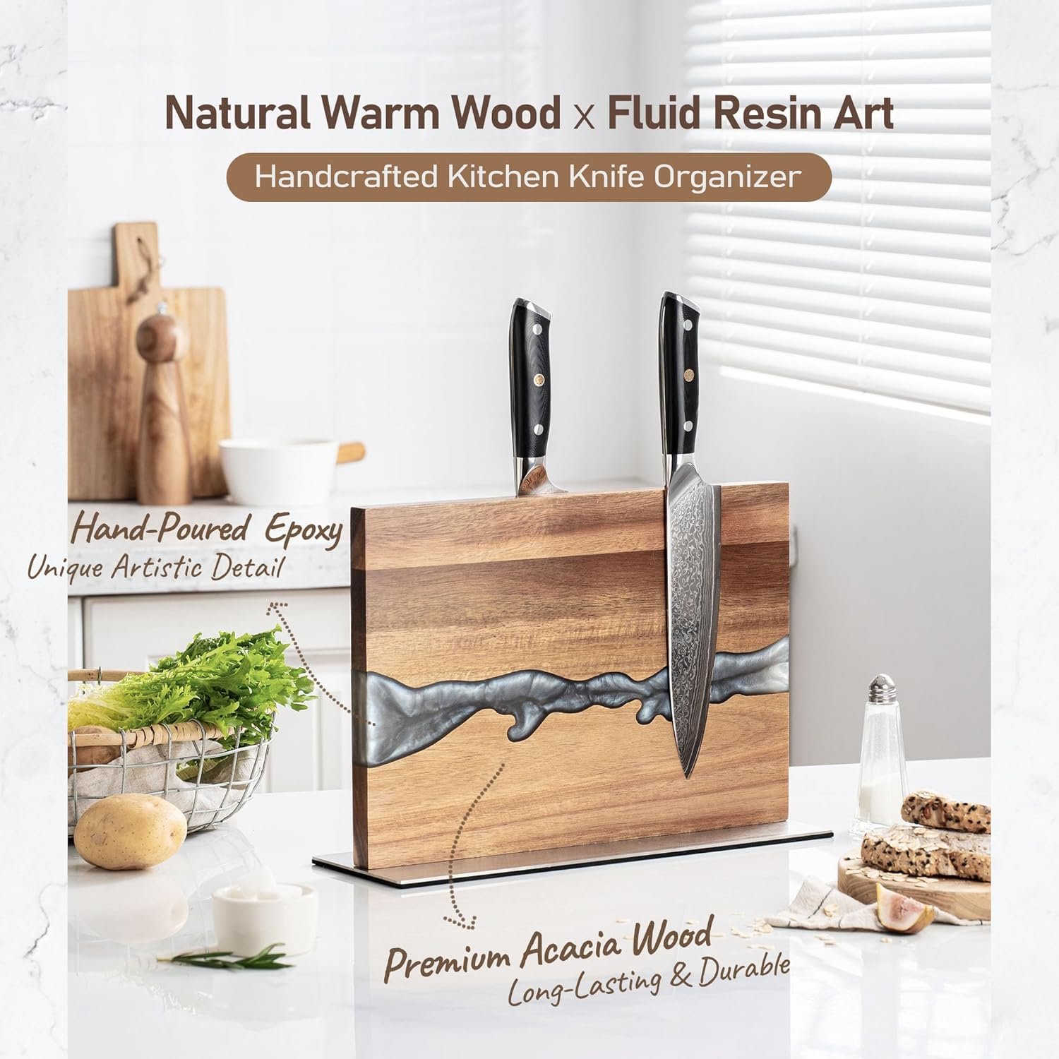 Magnetic Knife Holder Block for Countertop, No Drill Acacia Wood Stand with Epoxy Resin Art & Strong Magnets - Fits Chef Knives & Scissors & Bar Tools (No Knives Included) - Image 2
