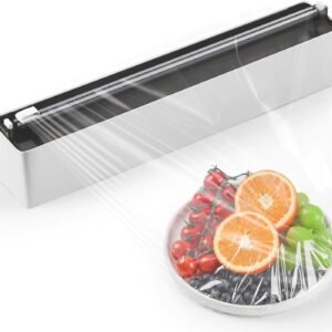 Magnetic Plastic Wrap Dispenser with Cutter - Practical Refillable Aluminum Tin Foil and Plastic Wrap Organizer for Drawer, Including an Extra Roll of 12"X 164' Food Cling Film - Black
