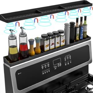 Magnetic Stove Top Shelf 30 Inch - Heat Resistant Silicone Over the Stove Shelf Spice Rack Organizer - 3 Functional Partitions Kitchen Organization and Storage for Spices, Oils & Gadgets (Black)