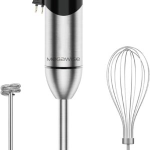 MegaWise Pro Titanium Reinforced 3-in-1 Immersion Hand Blender, Powerful Copper Motor with 80% Sharper Blades, 12-Speed Corded Blender, Including Dish Washer Safe Whisk and Milk Frother