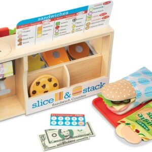 Melissa & Doug Slice-Stack-Serve, Wooden Sandwich Counter Pretend Play Store with Play Food Toys, Play Money & Deli Slicer, Preschool Toys for Kids 3+
