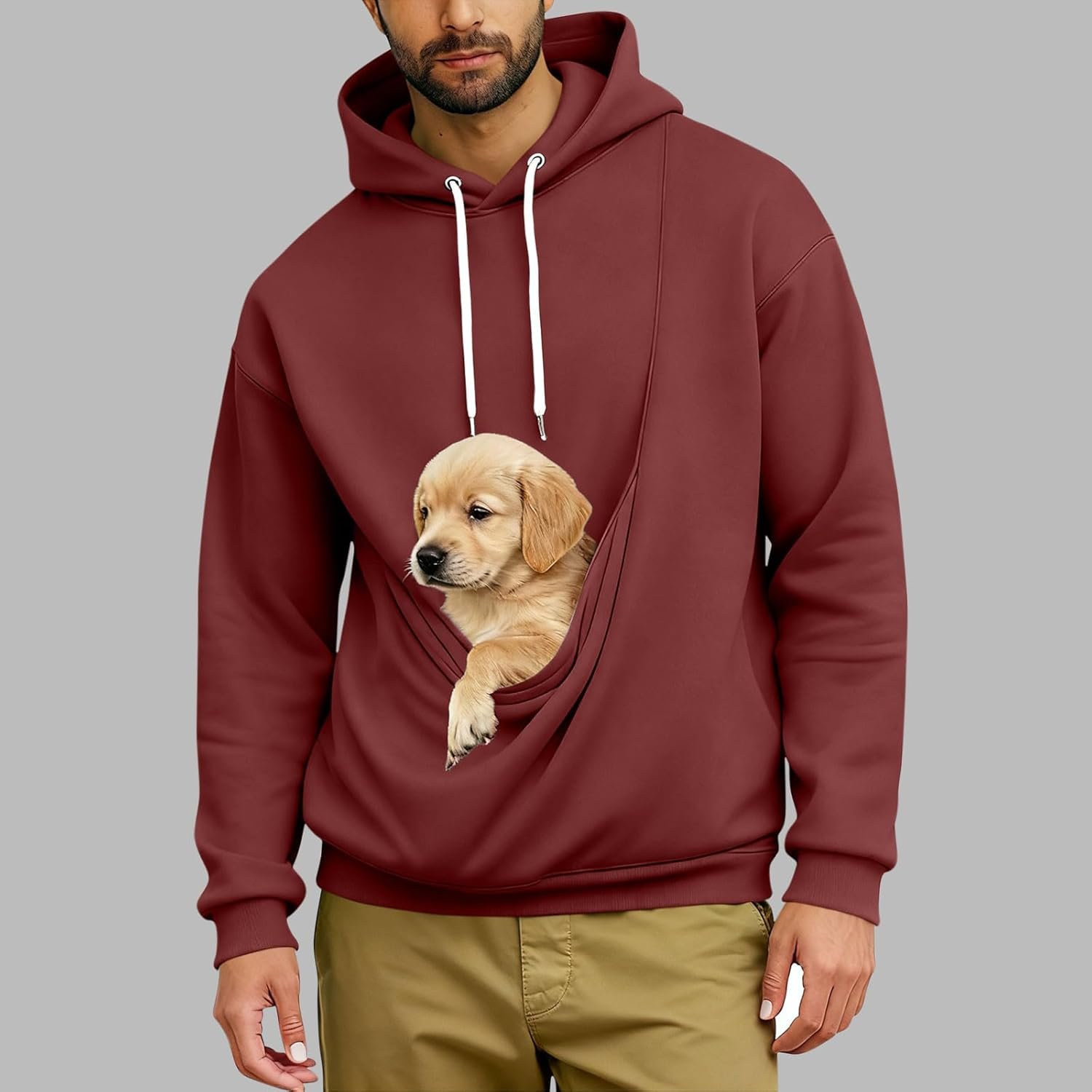 Men's Pouch Hoodie with Pet Pocket Long Sleeve Pullover Sweatshirt Kangaroo Casual Warm Hooded Winter Tops for Dog Cat - Image 2
