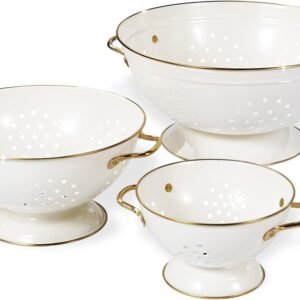 Metal Colander Set of 3, Strainer Basket with Handles perfect for Spaghetti, Pasta, Berry, Vegetable, Fruit, Solid Base Powder Coated Kitchen Essential Strainer Set, 1 & 3.5 & 5 Qt (Cream)