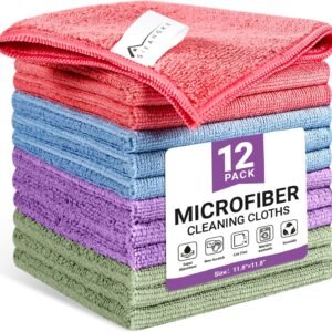 Microfiber Cleaning Cloth, 12 Pack Assorted Color Cleaning Rags for Housekeeping, Colorful Reusable Microfiber Towels for Car, Kitchen, Bathroom and Household Cleaning Supplies, 11.8"X11.8"