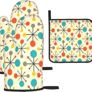 Mid Century Fifties Modern Atomic Retro Oven Mitts and Pot Holders Sets of 3, Yellow Kitchen Decor or Accessories, Heat Resistant Hot Pads Oven Gloves,Cooking Grilling Baking Gifts for Women