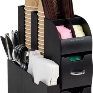 Mind Reader Cup and Condiment Station, Countertop Organizer, Coffee Bar, Kitchen, Stirrers, 5.35"W x 11.25"L x 11.15"H, Black