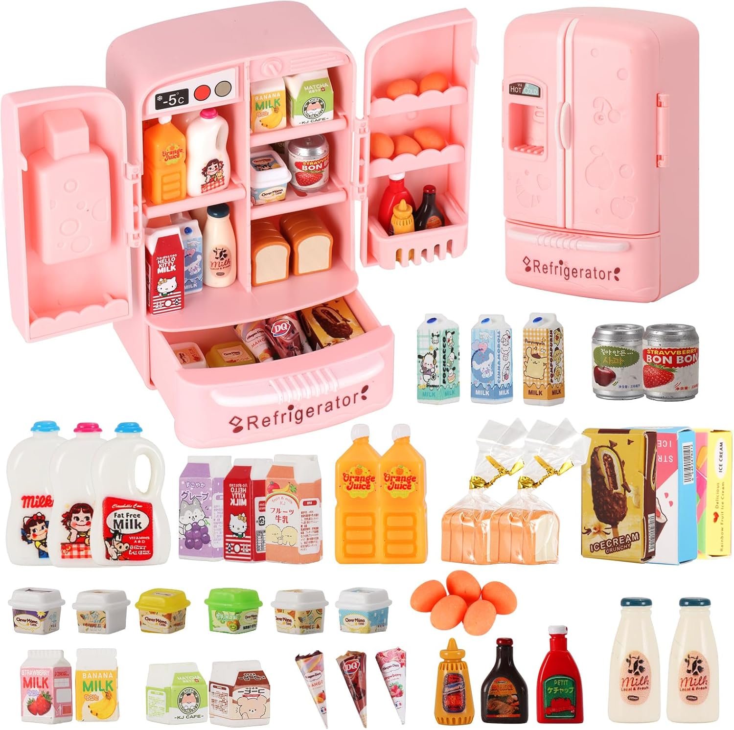 Mini Refrigerator Toy, Fill The Fridge with Ice Cream, Juice & 40+ Mini Food Toys for Dollhouse Accessories & Kitchen Playset. Realistic Refrigerator Play Gift for Kids.