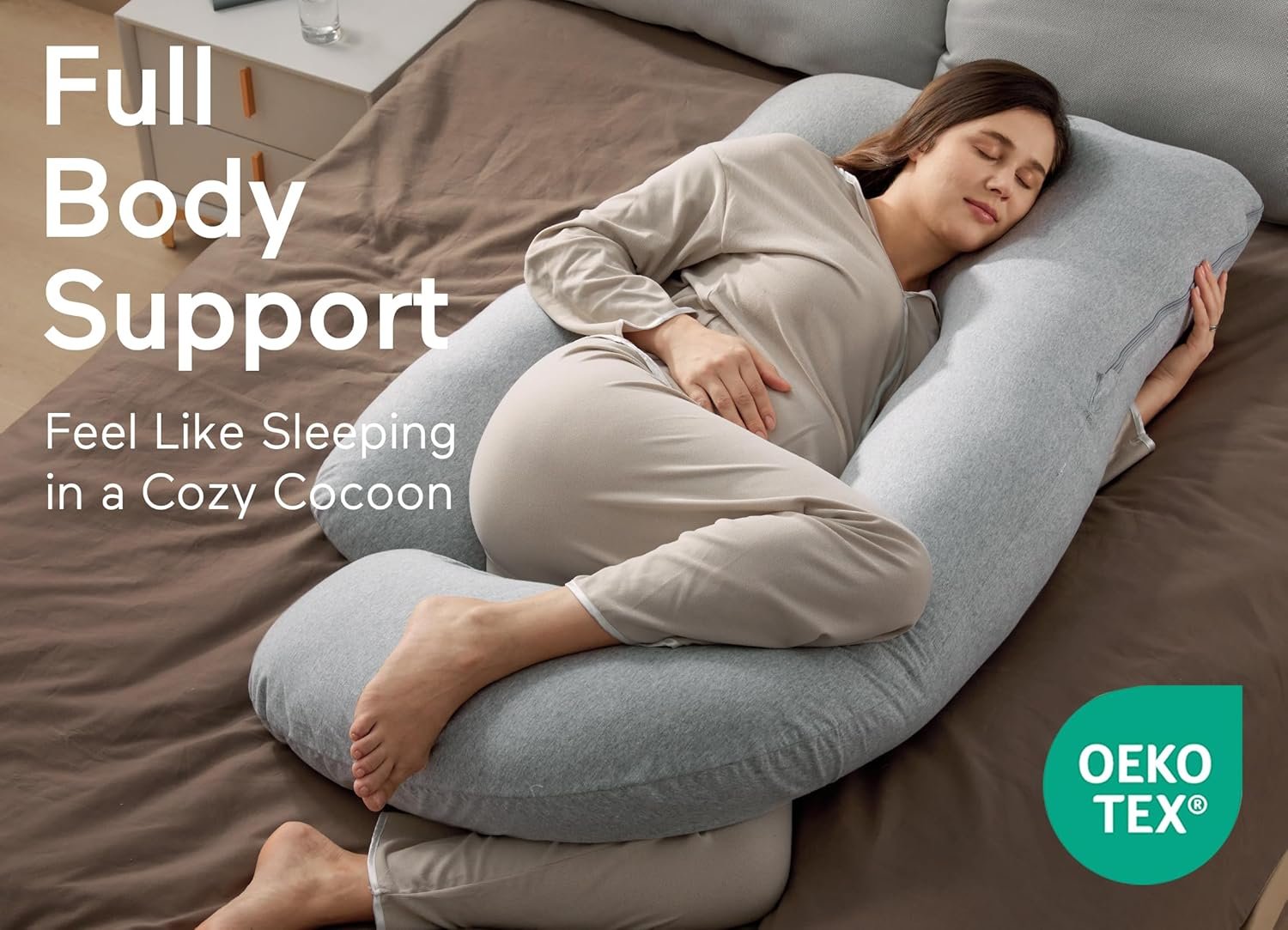 Momcozy U Shaped Pregnancy Pillows with Cotton Removable Cover, 57 Inch Full Body Pillow Maternity Support, Must Have for Pregnant Women, Hatha Grey - Image 2
