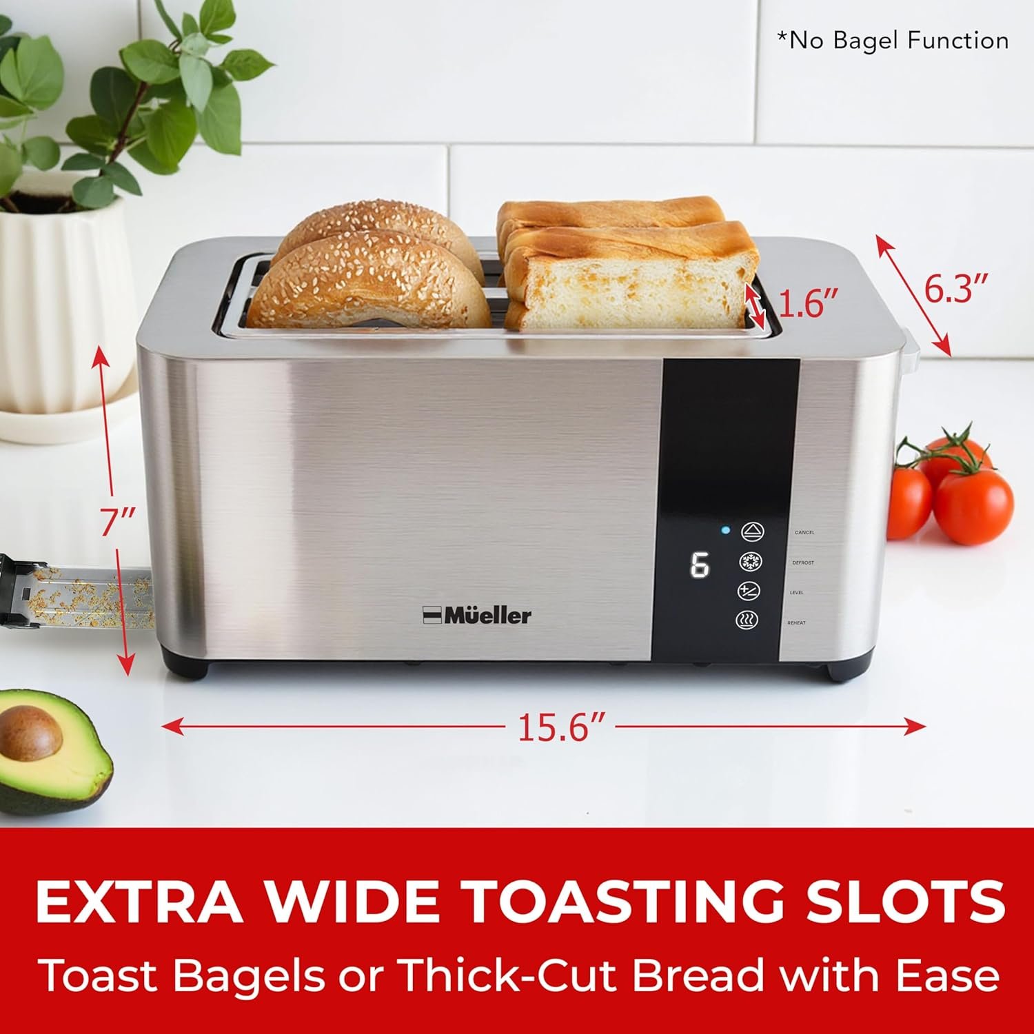 Mueller UltraToast Stainless Steel Toaster 4 Slice – Extra-Wide 1.6" Slots for Artisan Bread, Bagels & Frozen Waffles, 6 Browning Levels, LED Display, Cancel/Defrost/Reheat, Removable Crumb Tray - Image 2