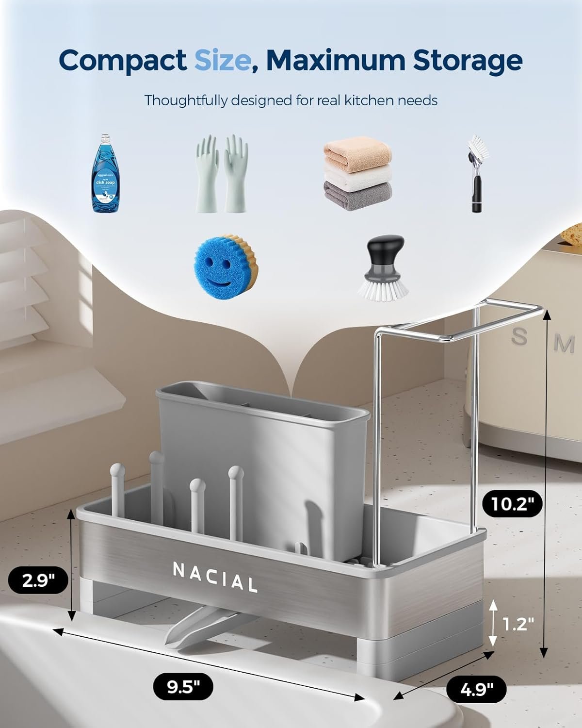 Nacial Sponge Holder for Kitchen Sink, Sink Caddy Organizer with High Brush Holder & Two Towel Racks - Rustproof 304 Stainless Steel Kitchen Countertop Storage Essentials - Gris - Image 2