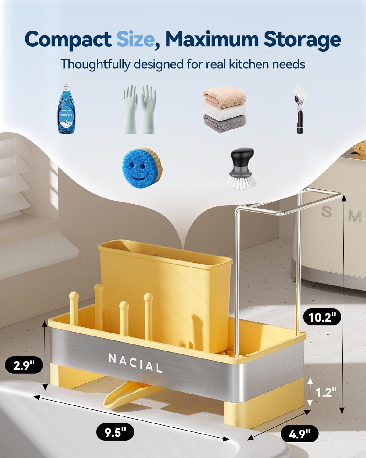 Nacial Sponge Holder for Kitchen Sink, Sink Caddy Organizer with High Brush Holder & Two Towel Racks - Rustproof 304 Stainless Steel Kitchen Countertop Storage Essentials - Yellow - Image 2