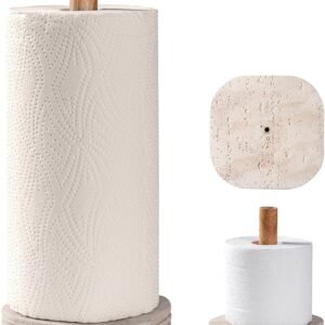 Natural Travertine Textures Standing Paper Towel Holder for Kitchen Countertop, Bathroom Toliet Paper Roll Holder with Weighted Base and Sturdy Wood Stand,for Standard or Plus Rolls, Height-Adjustable
