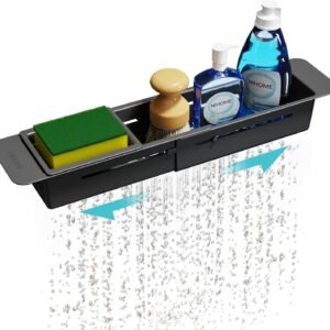 NiHome Extendable Over Sink Kitchen Organizer, Small Telescopic Brush Storage Rack for Sponge, Non-Slip Pads Expandable Sink Caddy, Adjustable Sponge/Brush Rack with Drainage Durable ABS (Black)