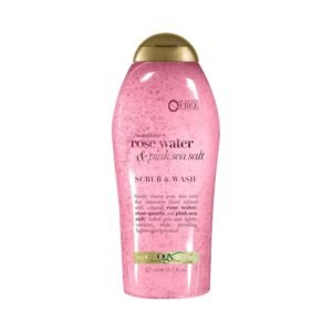 OGX Sensitive + Rose Water & Pink Sea Salt Exfoliating Body Scrub + Rose Quartz, Gentle Exfoliating Daily Body Wash Softens Skin, Body Scrub for Women, Sulfate-Free Surfactants, 19.5 fl oz