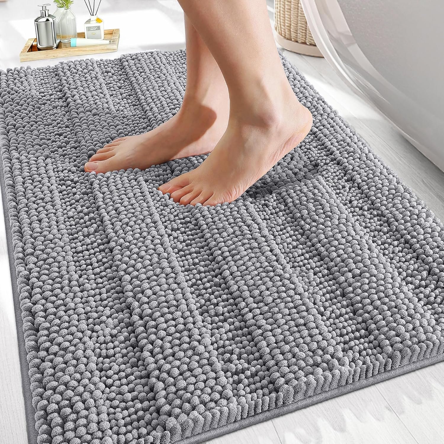 OLANLY Thick Bathroom Rugs 30x20, Extra Soft Absorbent Chenille Striped Bath Rugs, Rubber Backing, Machine Wash Dry, Bath Mats for Bathroom Floor, Tub and Shower, Home Decor Accessories, Grey