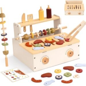 OOOK Wooden Kids BBQ Grill Playset, Play Barbecue Toy Grill with 25 PCS Toy Food and Grilling Tools, Play Kitchen Accessories for Toddlers Boys Girls Age 3+