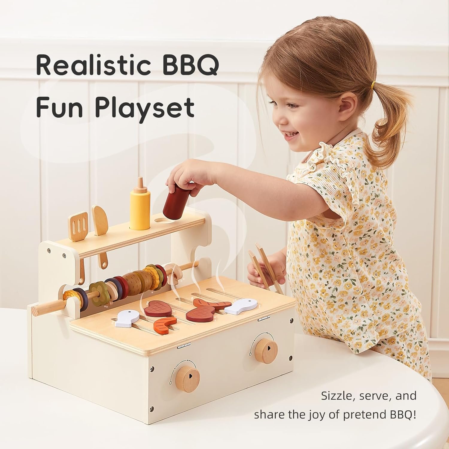OOOK Wooden Kids BBQ Grill Playset, Play Barbecue Toy Grill with 25 PCS Toy Food and Grilling Tools, Play Kitchen Accessories for Toddlers Boys Girls Age 3+ - Image 2
