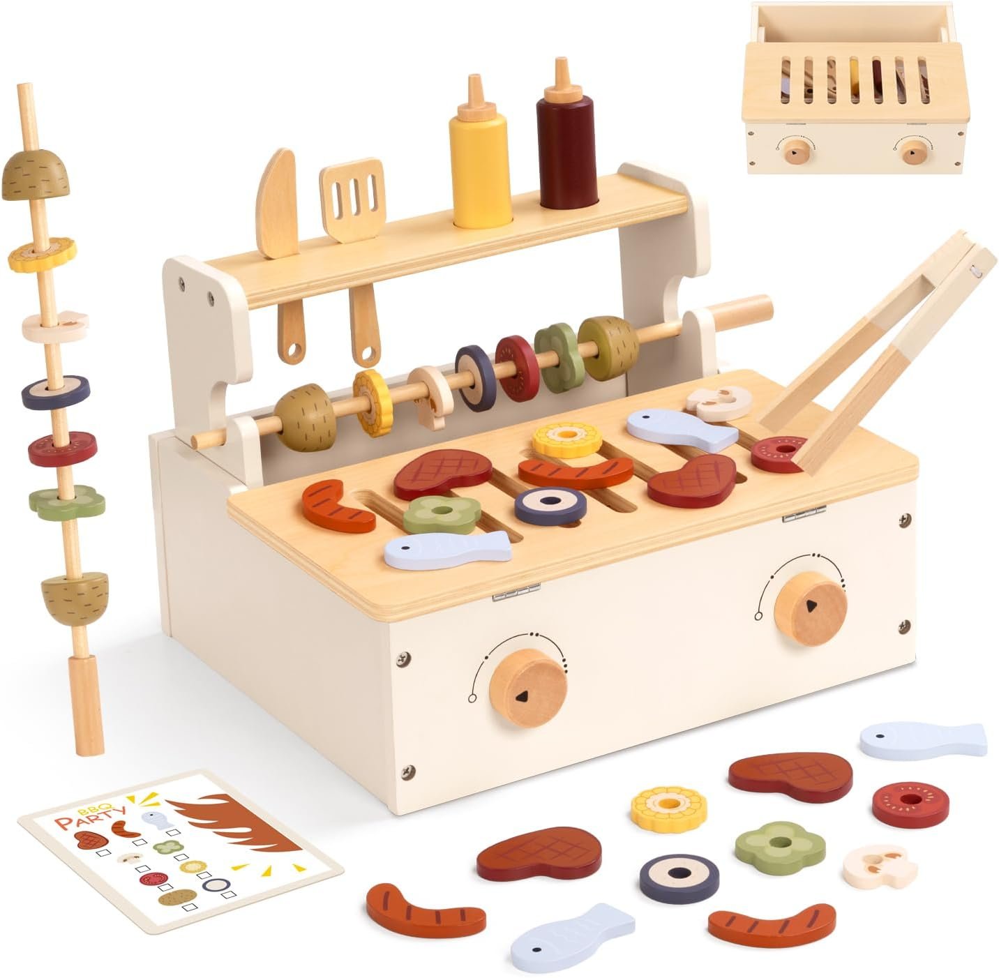 OOOK Wooden Kids BBQ Grill Playset, Play Barbecue Toy Grill with 25 PCS Toy Food and Grilling Tools, Play Kitchen Accessories for Toddlers Boys Girls Age 3+